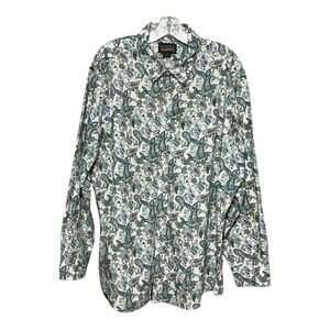 Cremieux Paisley Denim Flip Cuff Button Down Shirt White & Green Men’s XXL